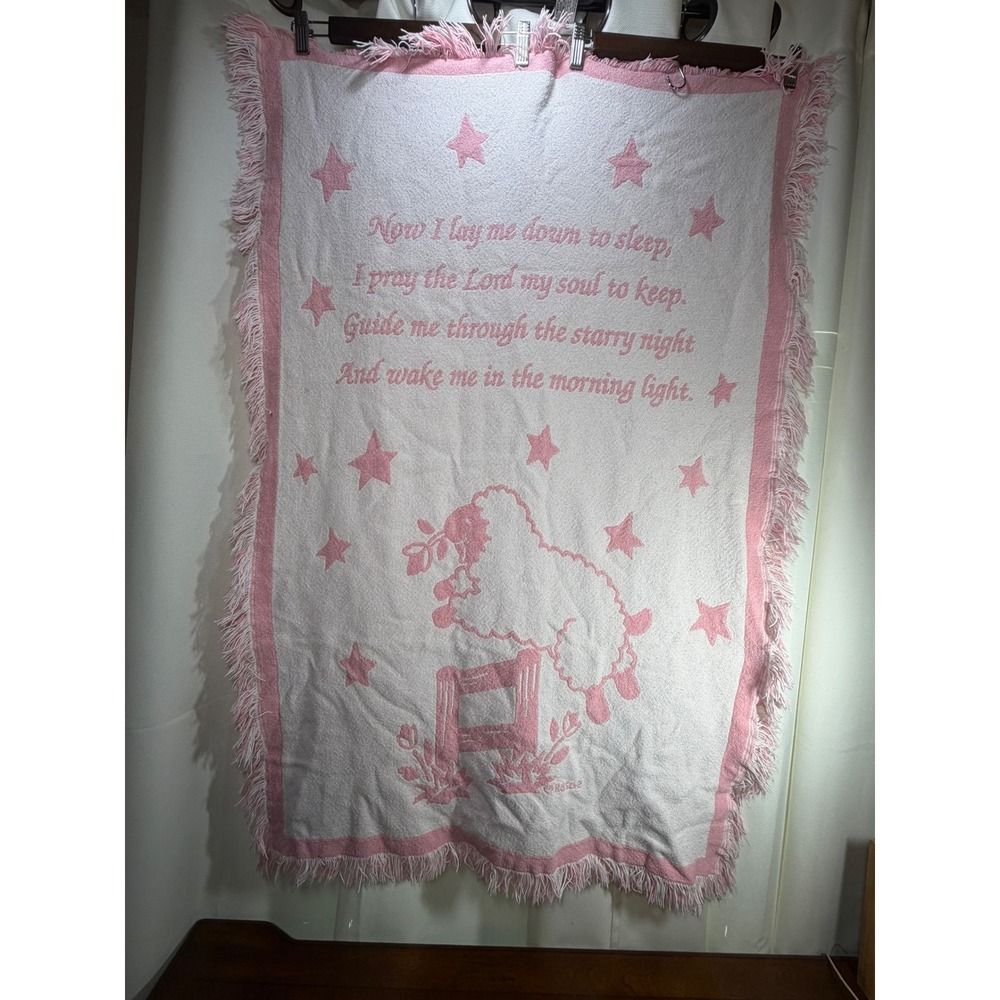 Vintage Nascke Pink White Woven Baby Blanket Now I Lay Me Down To Sleep Lamb